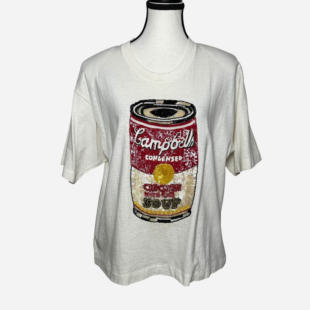 Jeanette Kastenberg Campbell's Soup Sequin T-Shirt L Andy Warhol Pop Art VTG 90s